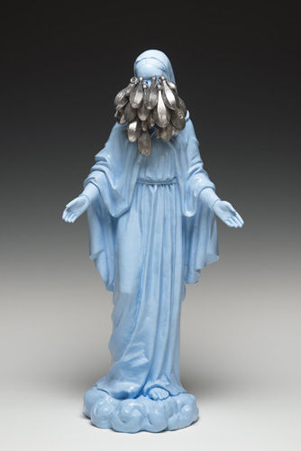 <b>LeadTears, 2012</b><br>24" x 11" x 8"<br>re-purposed resin figure, lead, plaster, paint